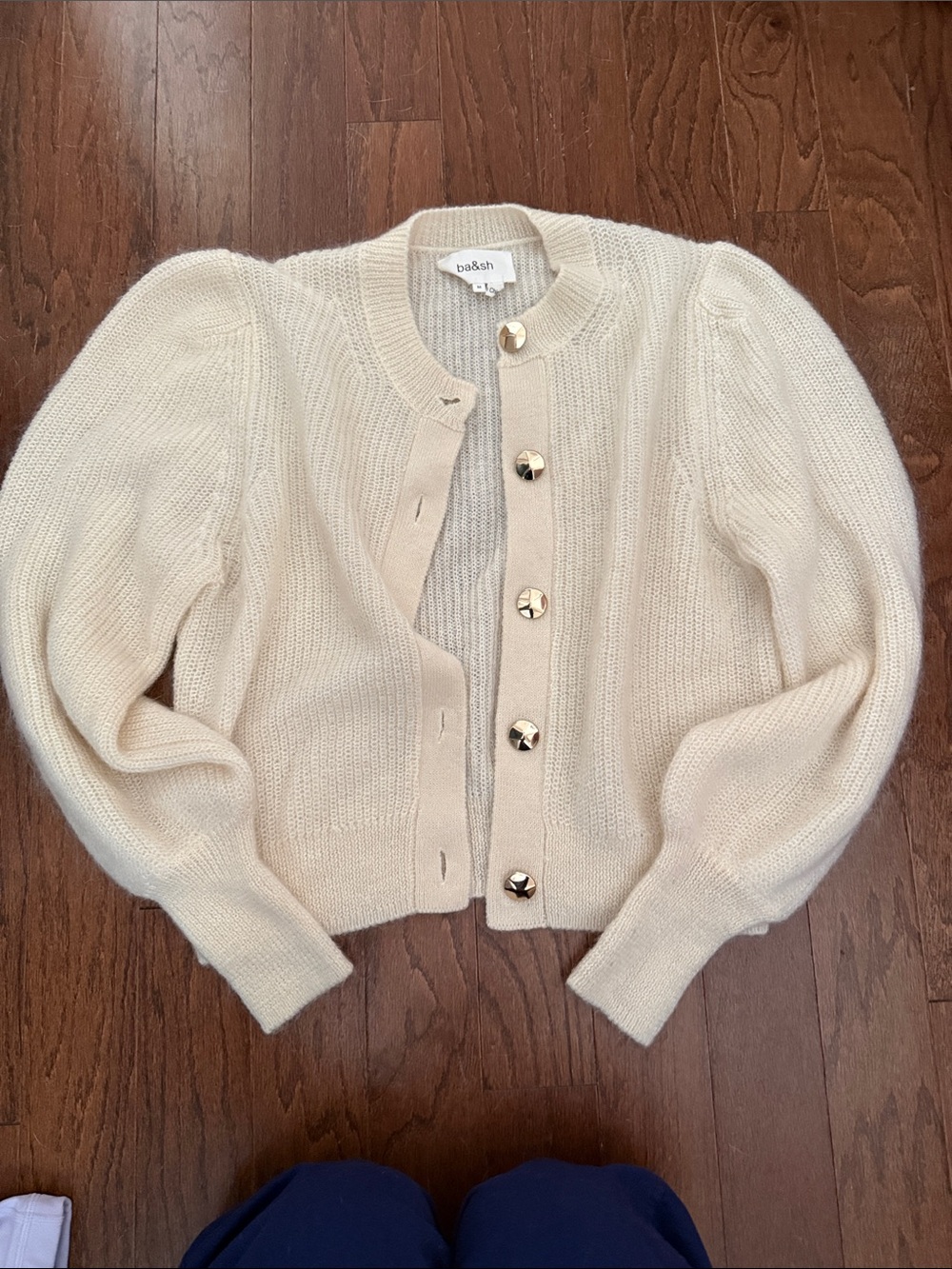 ba&sh Cream Puff-Sleeve Button Cardigan with Gold Buttons